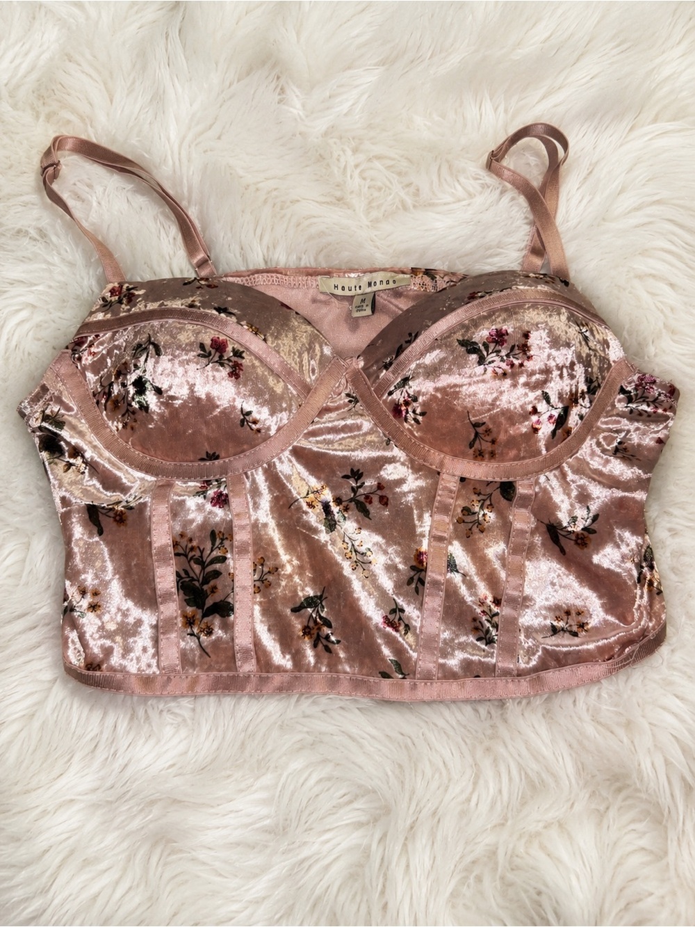 Haute Monde Pink Floral Velvet Bustier Crop Top Corset Cami Size Medium
